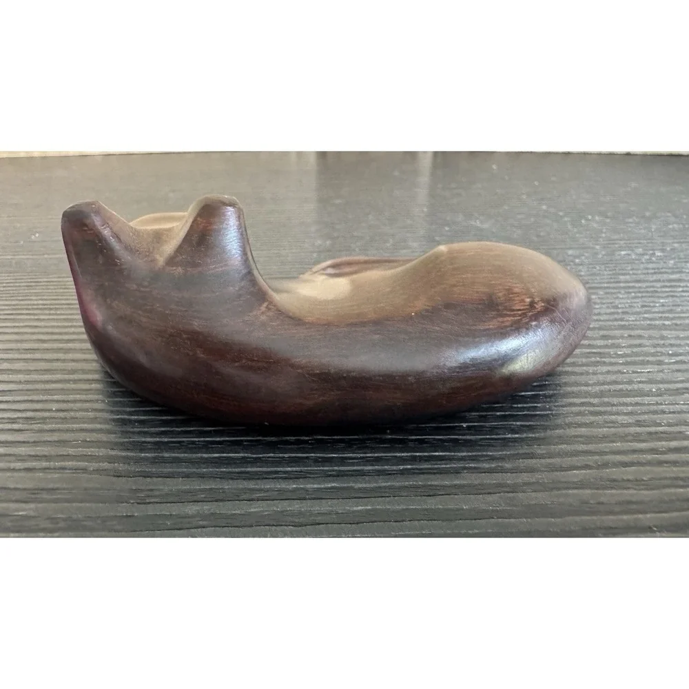 Sleeping Cat Figurine Ironwood Carved Wood Dark Brown 4.25